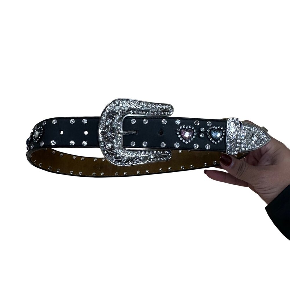 Rhinestone Studded Leather Belt With Heart Details & Western Buckle By Noon Belt